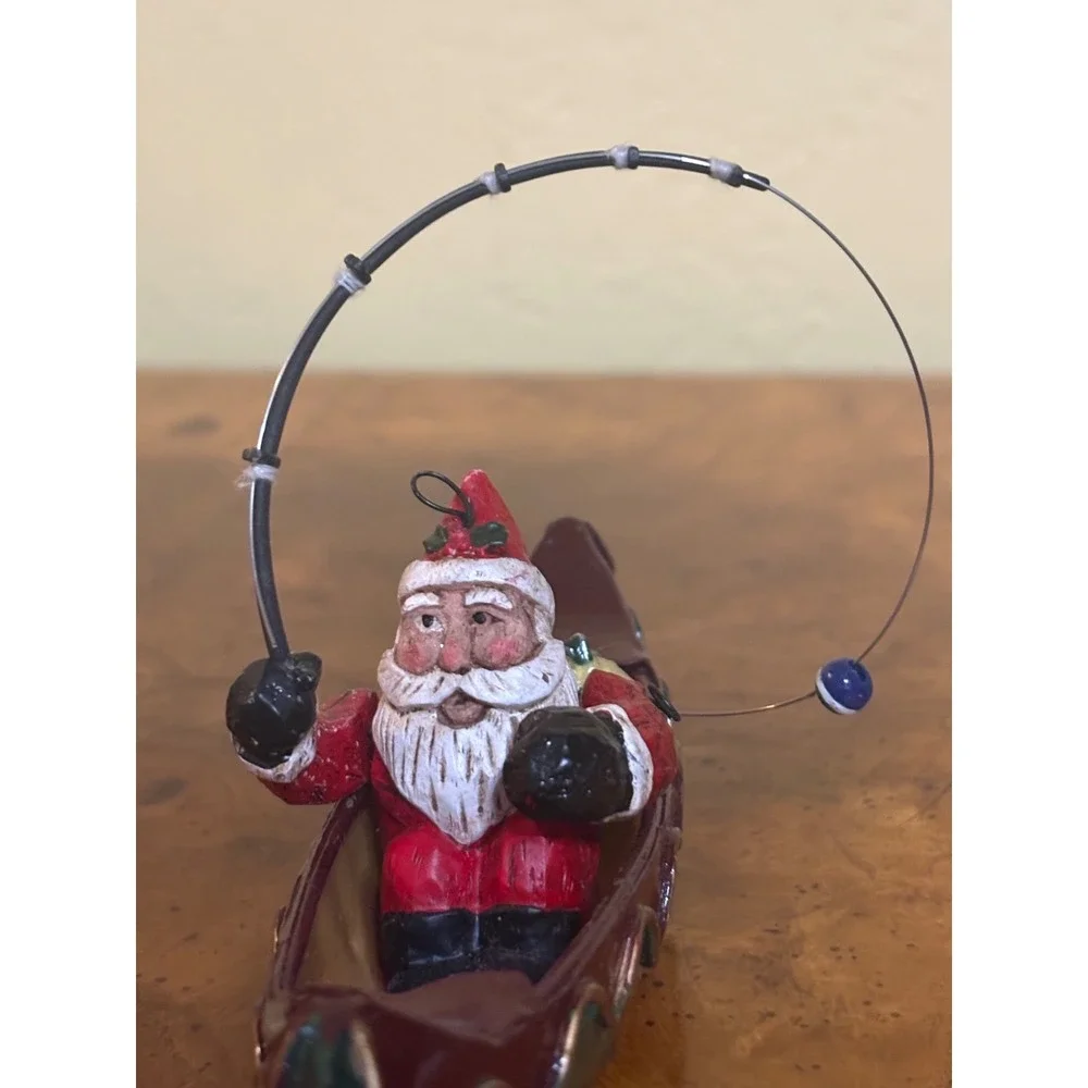 Vintage Santa in Canoe Fishing Figurine Christmas Holiday Decor Rustic Cabin